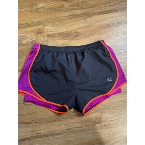 RBX Large Womens Gray and Purple Athletic Pull on Elastic Shorts with Compressio